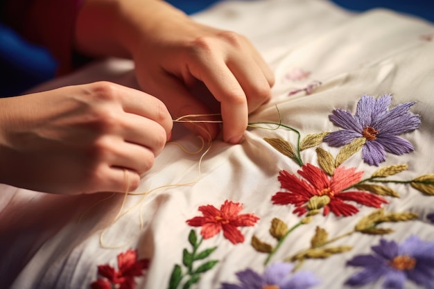 Mână care coase o floare brodată